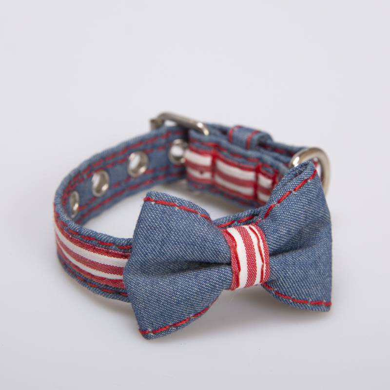 COLLAR PARA PERRO JEAN Y RAYA ROJA CON BLANCO
