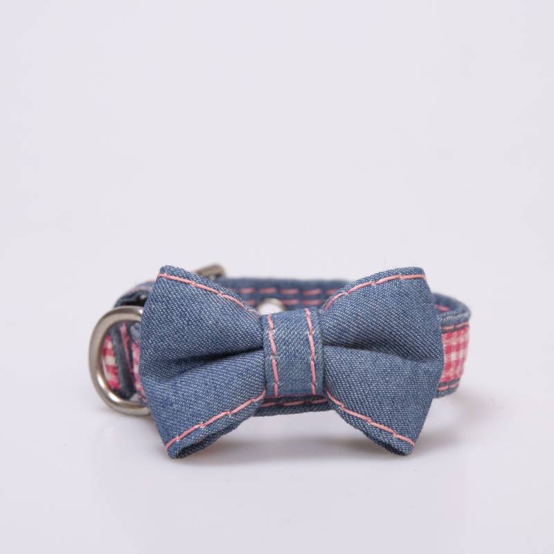 COLLAR PARA PERRO JEAN Y RAYA A CUADROS ( BLANCO Y ROJO )