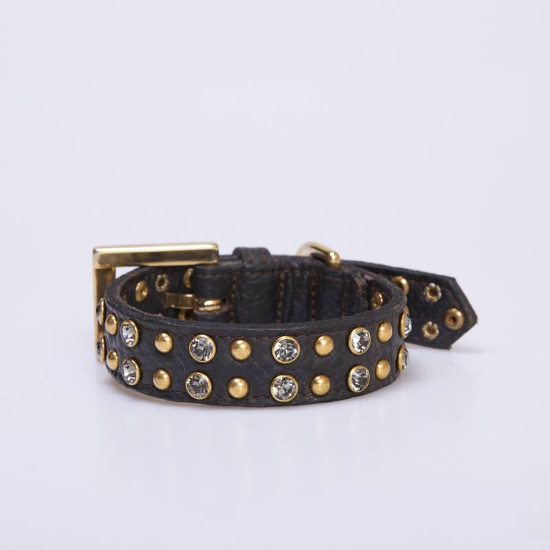 COLLAR PIEL MARRÓN CON PIEDRAS DORADAS